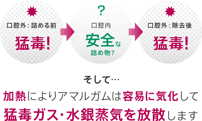 そして…加熱によりアマルガムは容易に気化して猛毒ガス・水銀蒸気を放散します