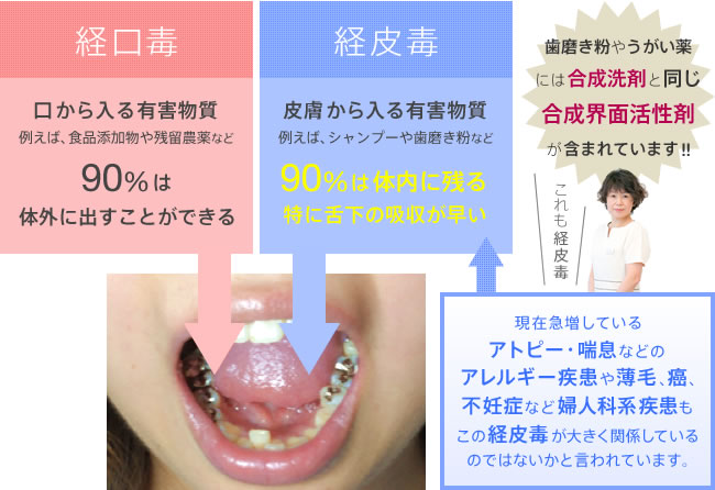 経口毒：添加物・農薬など口から入る毒90%は体外に出すことができる。経皮毒：シャンプーや歯磨き粉など皮膚から入る有害物質。90%は体内に残る。下からの吸収は早いアレルギーや皮膚疾患（アトピーや喘息等）・婦人科系疾患（不妊症など）も経皮毒の影響が懸念されています。