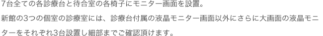 7台全ての各診療台と待合室の各椅子にモニター画面を設置。