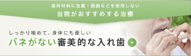 歯科材料に金属・樹脂などを使用しない。当院がおすすめする治療。しっかり噛めて、身体にも優しい、バネがない審美的な入れ歯