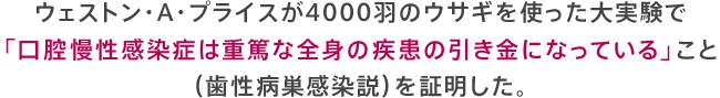 ウェストン・A・プライスが4000羽のウサギを使った大実験で「口腔慢性感染症は重篤な全身の疾患の引き金になっている」こと(歯性病巣感染説)を証明した。