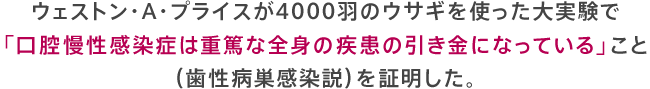 ウェストン・A・プライスが4000羽のウサギを使った大実験で「口腔慢性感染症は重篤な全身の疾患の引き金になっている」こと（歯性病巣感染説）を証明した。