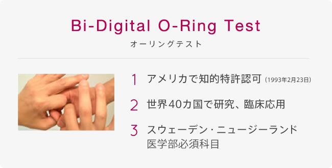 オーリングテストとは「アメリカで知的特許認可（1993年2月23日）」「世界40カ国で研究、臨床応用」「スウェーデン・ニュージーランド医学部必須科目」