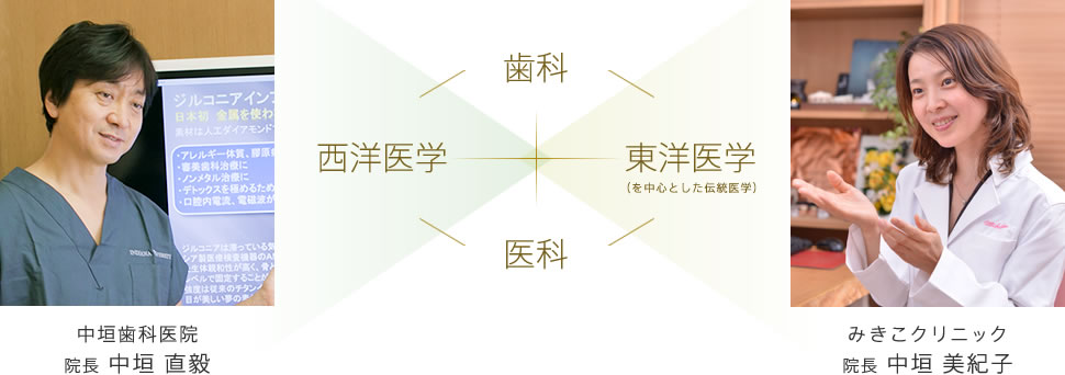 「中垣歯科医院」院長 中垣直毅と、「みきこクリニック」院長 中垣美紀子による「歯科」「医学」「西洋医学」「東洋医学（を中心とした伝統医学）」を連携した治療です。