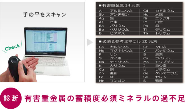 有害重金属の蓄積度、必須ミネラルの過不足を診断します。